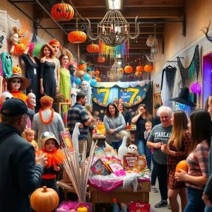 Community members browsing Halloween decorations at the Anaheim Halloween Parade sale.