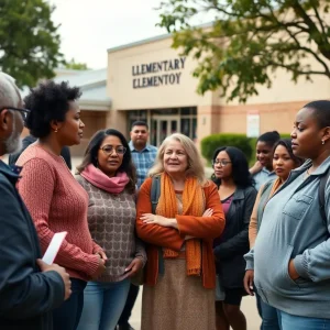 Parents expressing concerns outside Imperial Elementary School regarding safety measures.