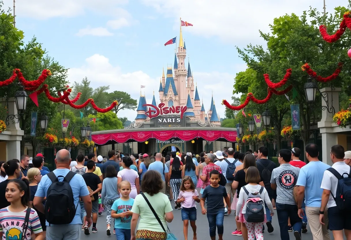 Families entering a Disney park with excitement and joy.