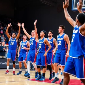 San Diego State Aztecs players celebrating a victory on the basketball court