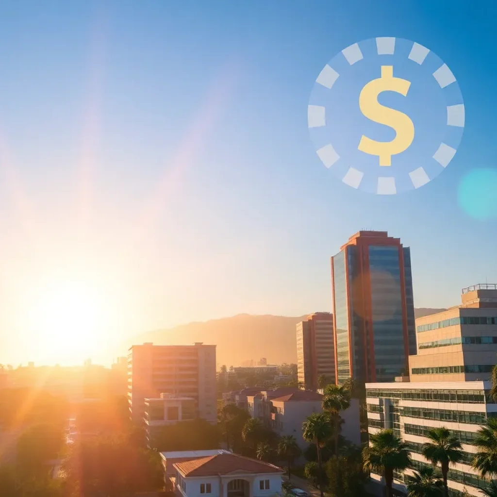 A sunny Anaheim landscape with symbols representing financial achievements.