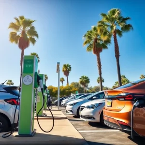 Electric vehicles charging at a station in California