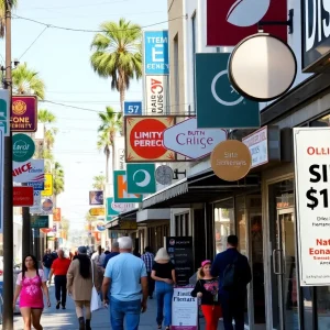 A busy street in California showcasing local businesses affected by new tariffs.