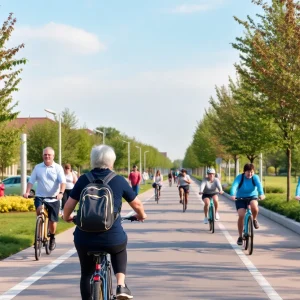 Pedestrians and cyclists on improved pathways in Fullerton.