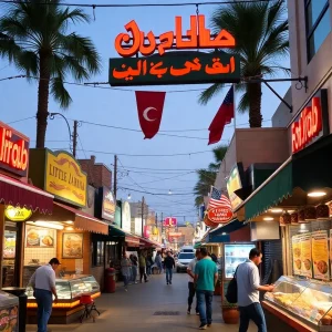 A vibrant street in Little Arabia, Anaheim filled with Middle Eastern restaurants and food