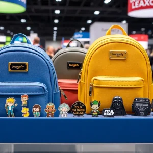 A vibrant array of exclusive Loungefly collectibles including mini backpacks from Futurama and Star Wars.
