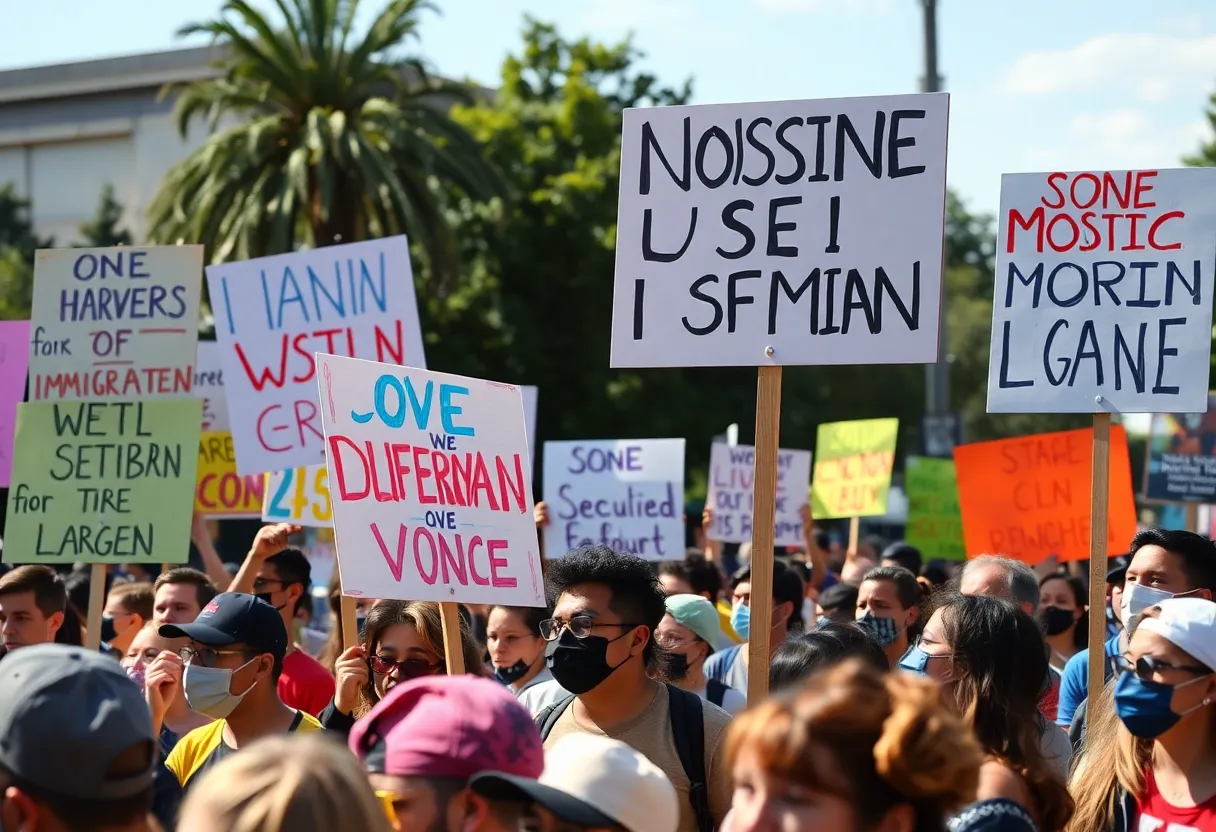 Protesters holding handmade signs at a nationwide demonstration advocating for justice and immigration reform.