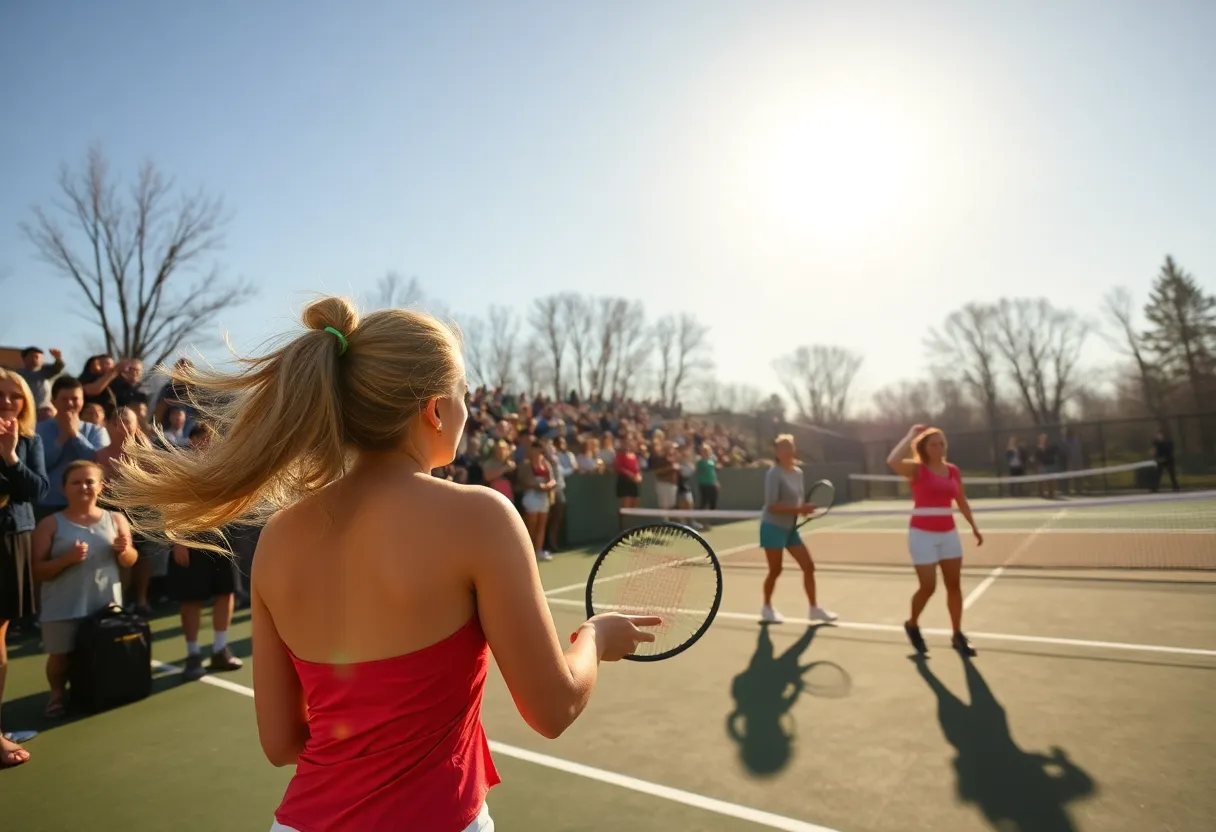 A women's tennis match featuring players competing under sunny skies at a college tournament.