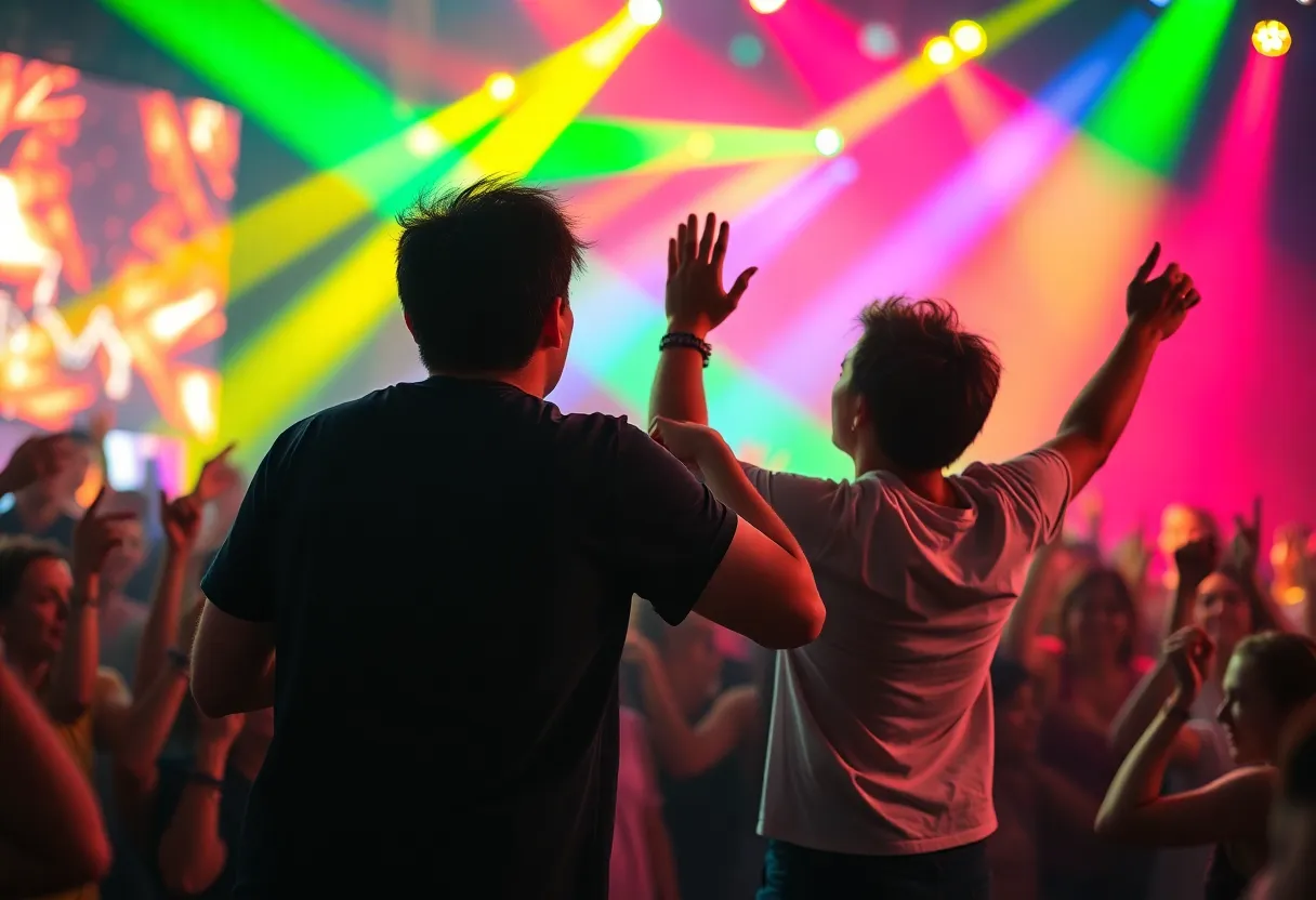 Concert scene featuring two performers and enthusiastic fans.