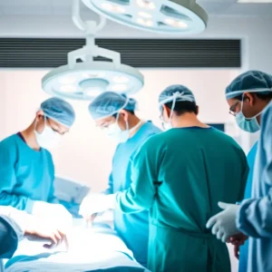 Medical team in a surgery room handling a complication during a routine procedure