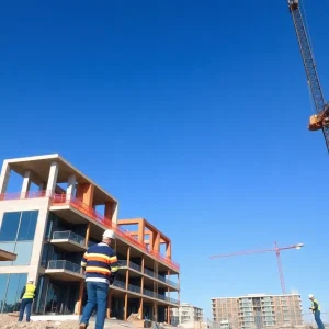 A vibrant construction site in California showing workers and cranes amidst urban development.