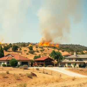 A scenic view showing California's landscapes at risk of wildfires, highlighting homes and natural elements.