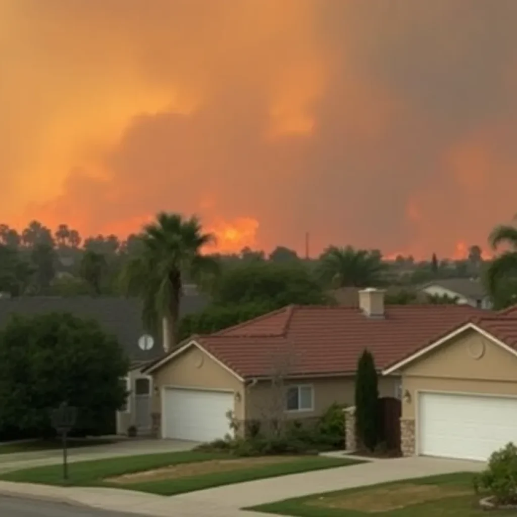 Aerial view of homes threatened by wildfires in California