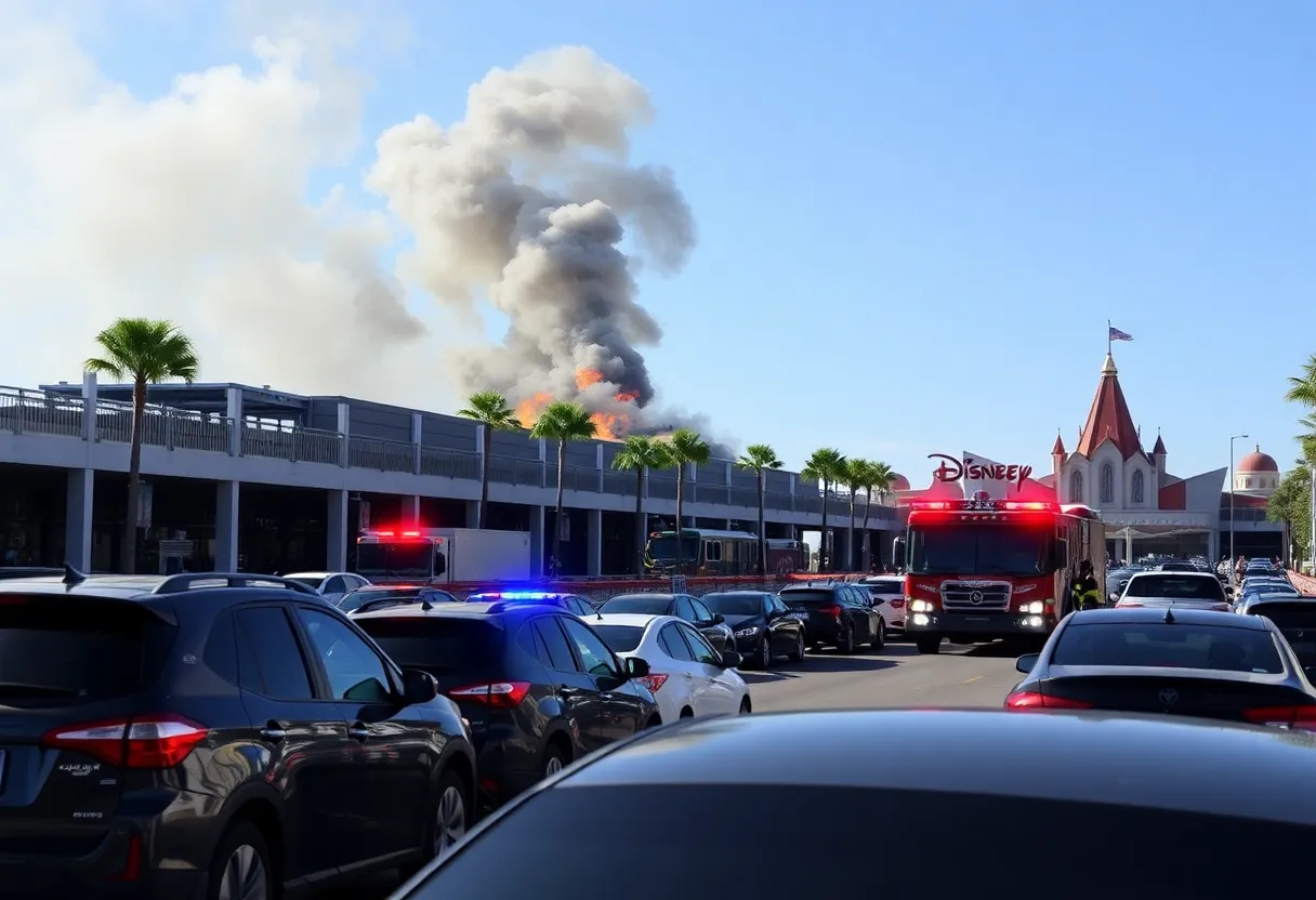 Firefighters extinguishing a fire in the Disneyland parking structure
