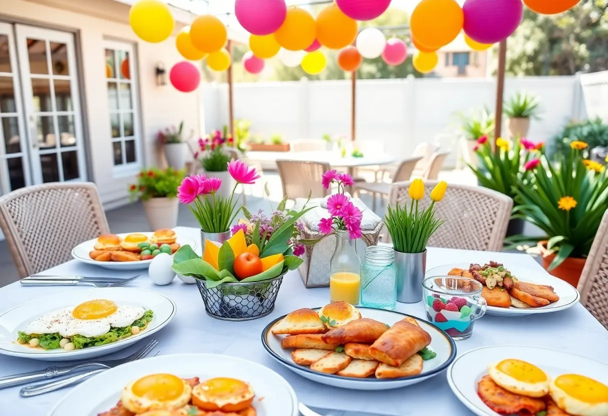 Easter brunch spread with various dishes and a festive setting