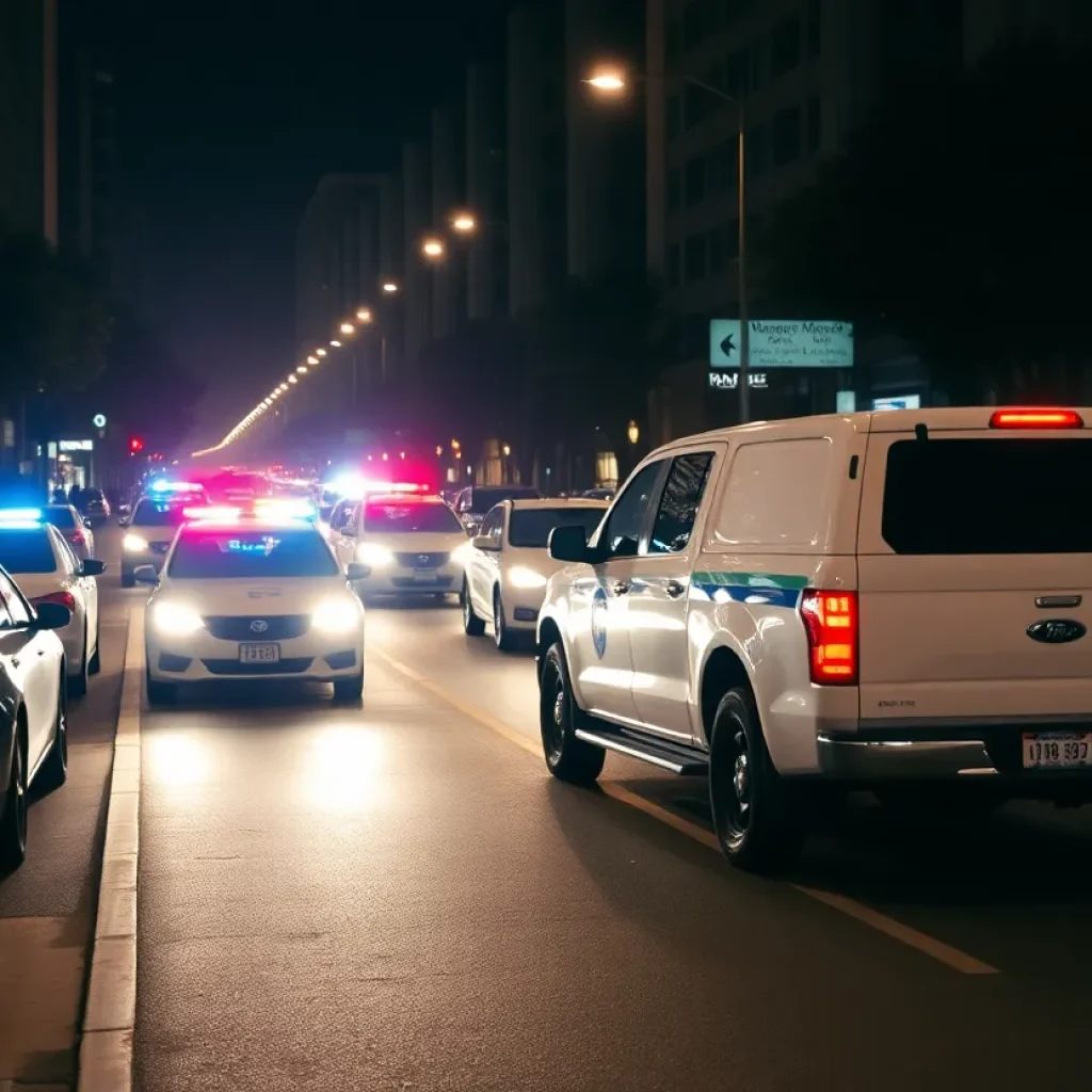 Police vehicles chasing a suspect's truck at night