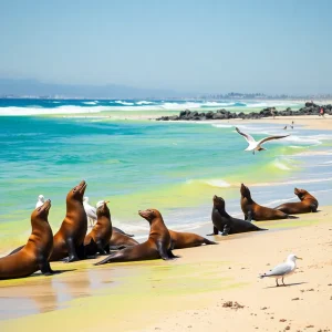 Southern California beach with visible blooms of toxic algae affecting wildlife.